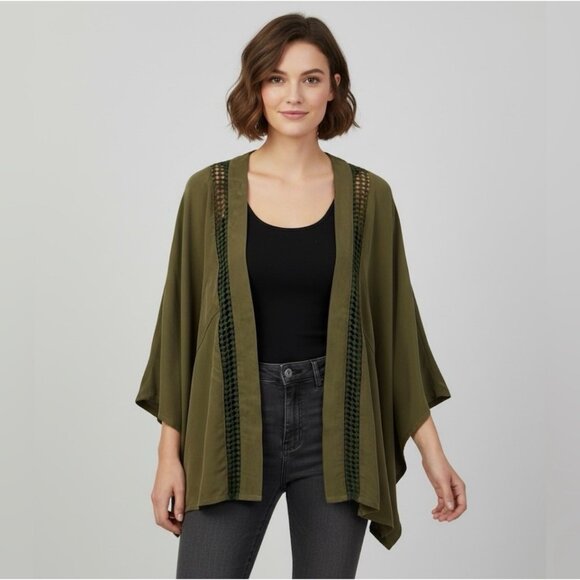 Free People Boho Kimono Jacket | Olive Green Flowy Duster Open Front Cottagecore - Picture 2 of 15